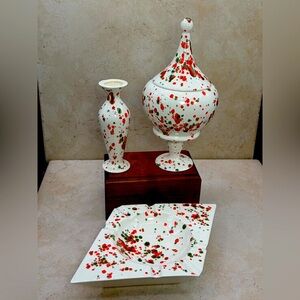 3 Piece Set Vintage 1970 Spatter Paint Ceramics Green And Red Ashtray Candy Jar